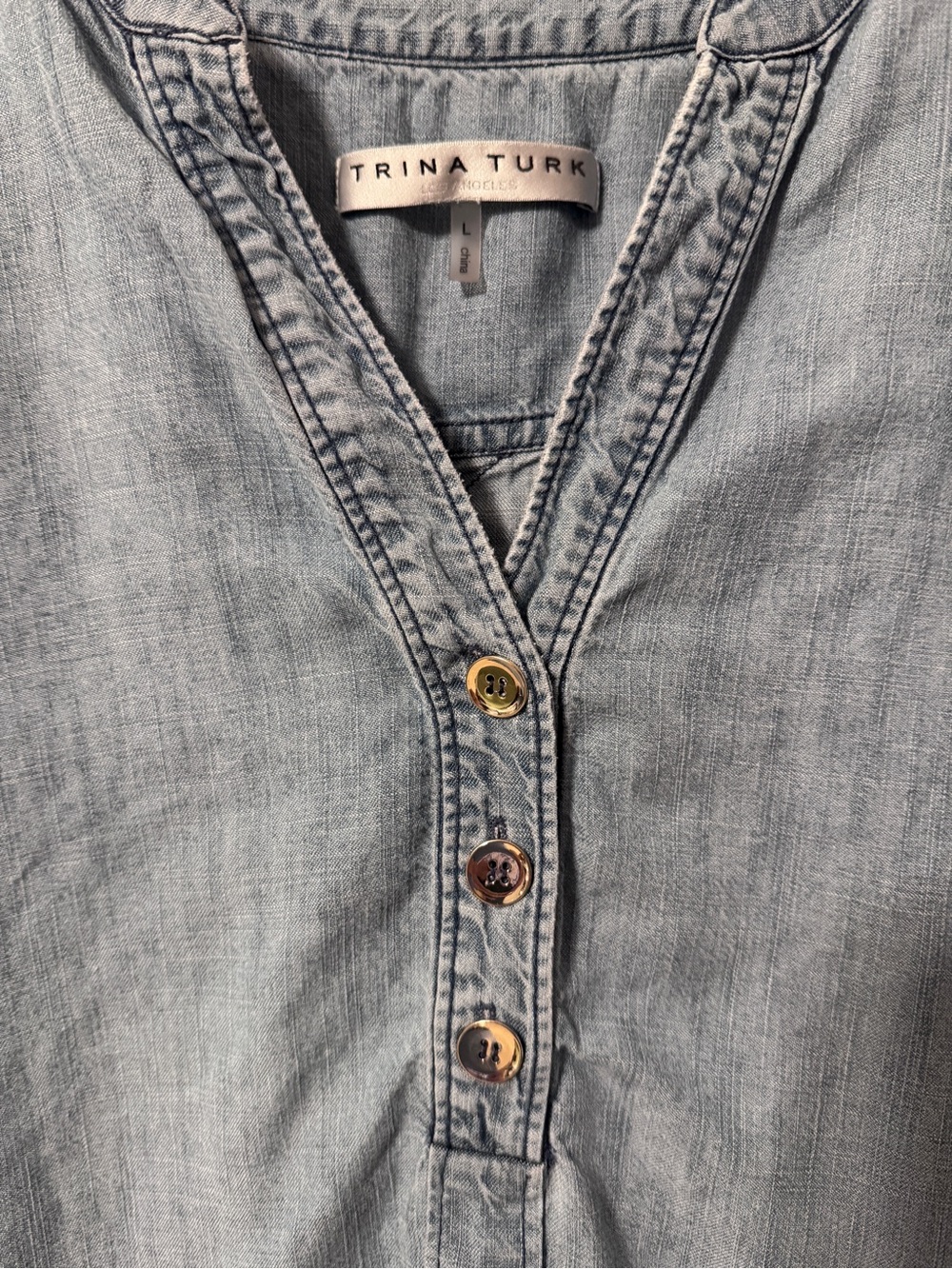 Trina Turk Light Denim Button-Front V-Neck Top - Picture 2 of 4